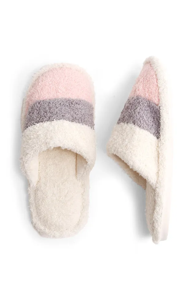 JCL1031 Three Tone Stripe Fuzzy Fur Cozy Slippers 6 Pairs Pack