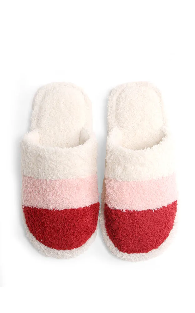 JCL1031 Three Tone Stripe Fuzzy Fur Cozy Slippers 6 Pairs Pack