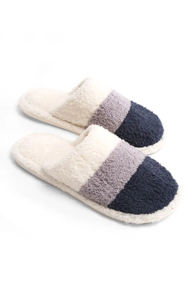 JCL1031 Three Tone Stripe Fuzzy Fur Cozy Slippers 6 Pairs Pack