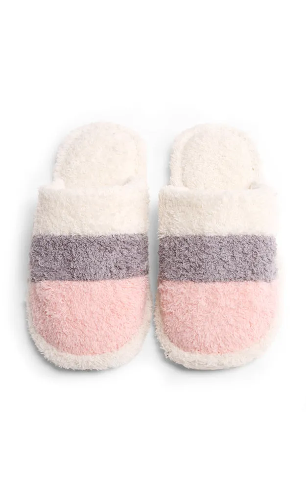 JCL1031 Three Tone Stripe Fuzzy Fur Cozy Slippers 6 Pairs Pack