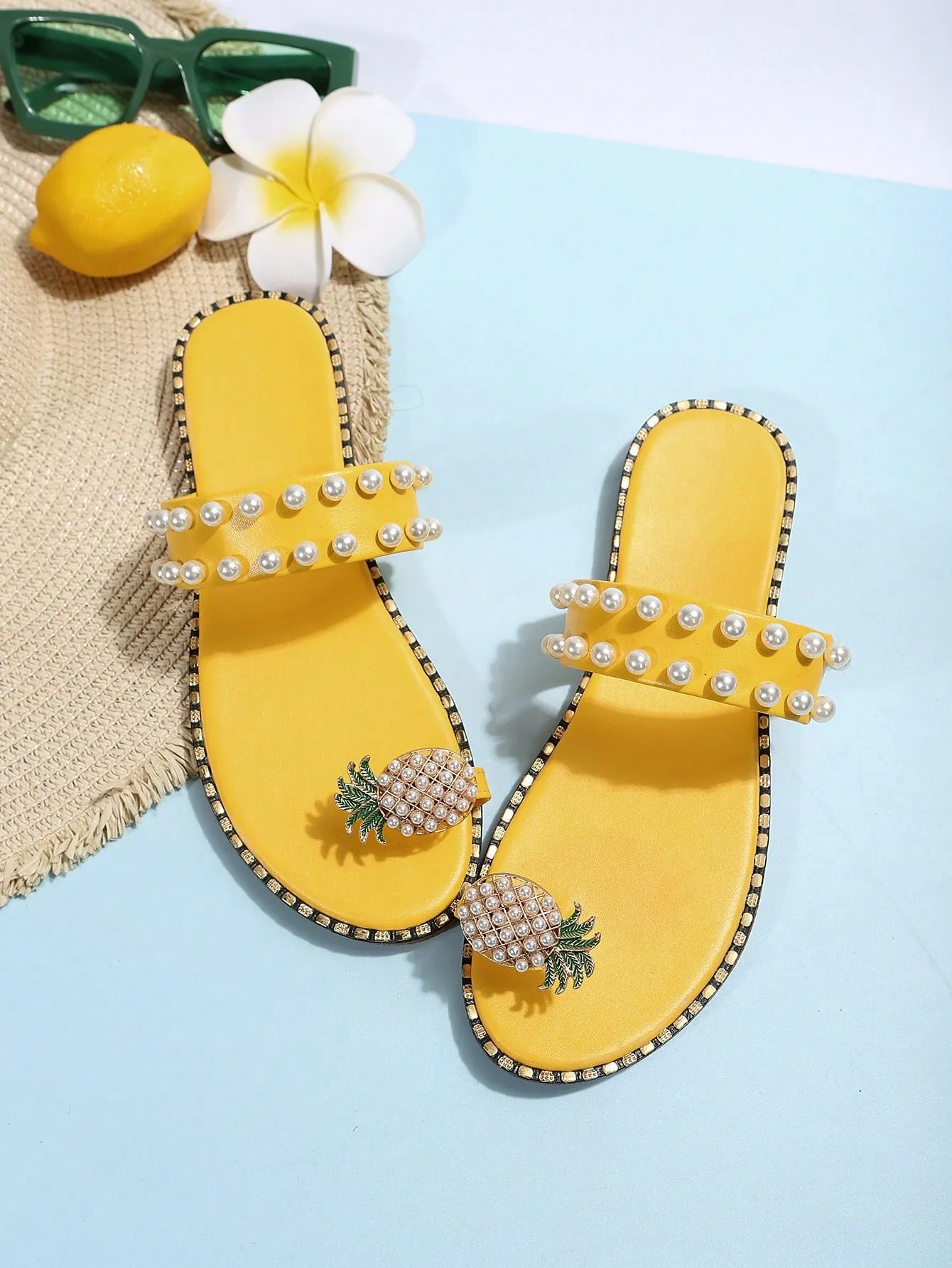 Ladies' Sweet & Fresh Toe-Post Sandals With Pearl & Pineapple Decor, Yellow Flat Sandals