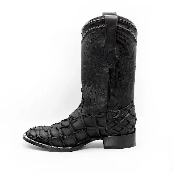 MEN'S WIDE SQUARE TOE PIRARUCU BLACK MATTE LEATHER BOOT-2824L1069