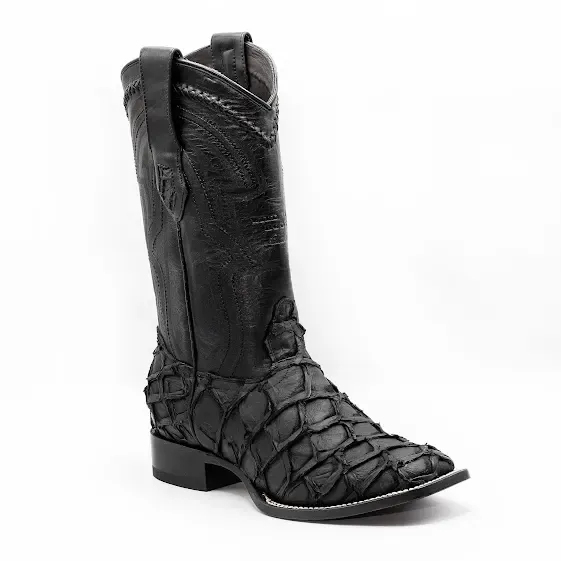 MEN'S WIDE SQUARE TOE PIRARUCU BLACK MATTE LEATHER BOOT-2824L1069