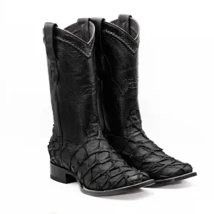 MEN'S WIDE SQUARE TOE PIRARUCU BLACK MATTE LEATHER BOOT-2824L1069