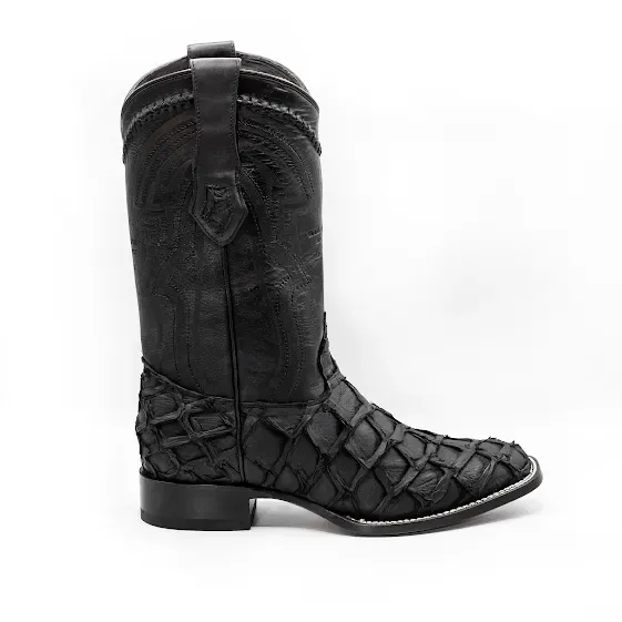 MEN'S WIDE SQUARE TOE PIRARUCU BLACK MATTE LEATHER BOOT-2824L1069