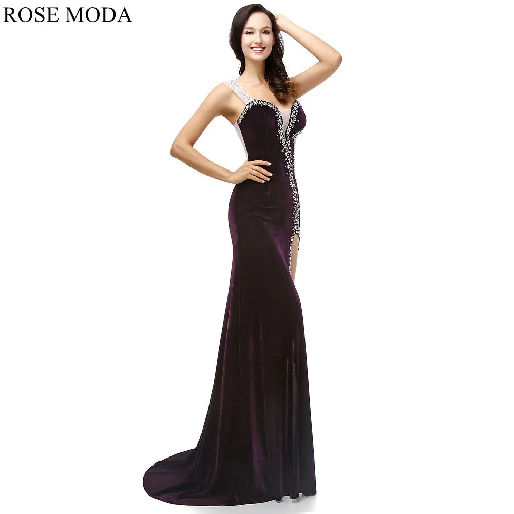 Rosemoda Sheath One Shoulder Velvet Evening Dress With Slit
