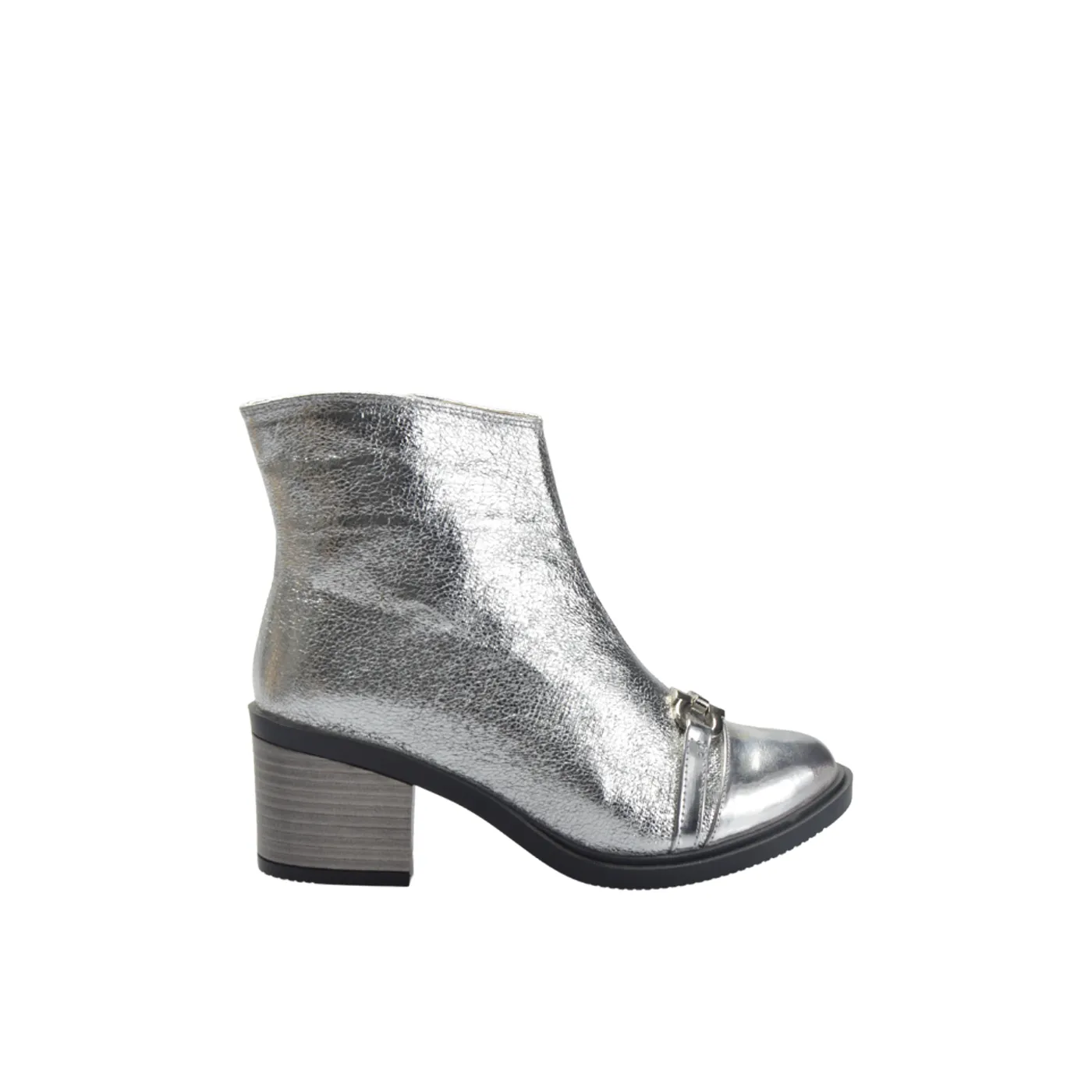 Silver Pointed Leather Half Boot With Buckle