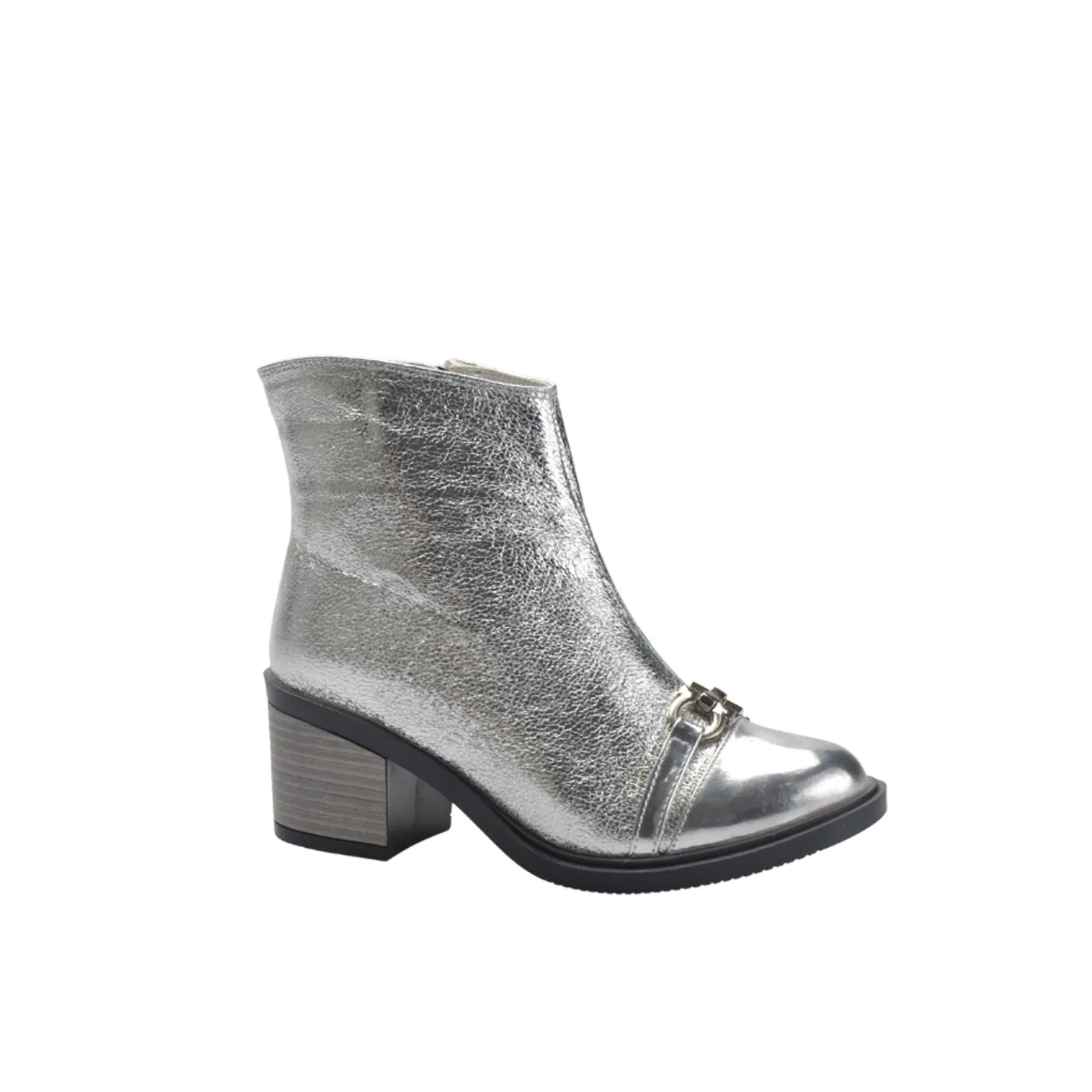 Silver Pointed Leather Half Boot With Buckle