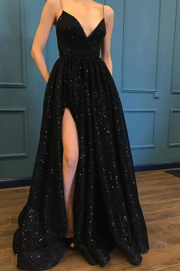 Spaghetti Strap Sparkle Popular Black Long Prom Dress PG835