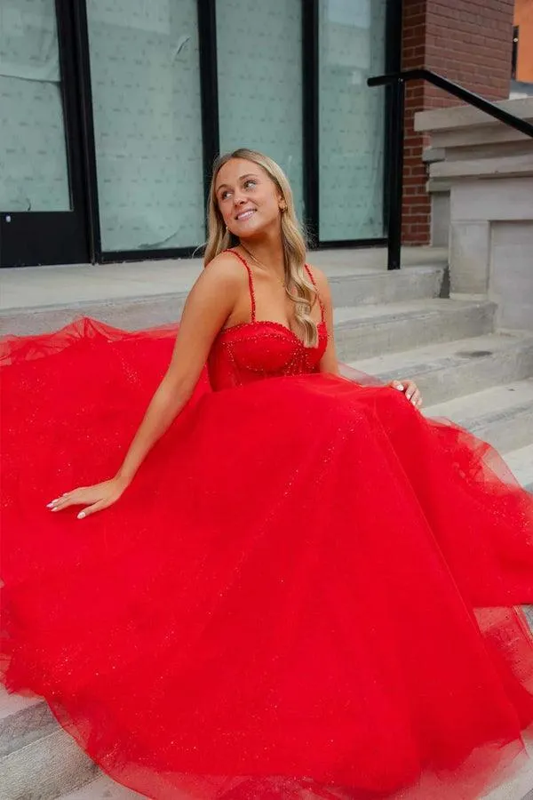 Straps Beaded A-Line Sparkly Red Prom Dress with Split  PSK503