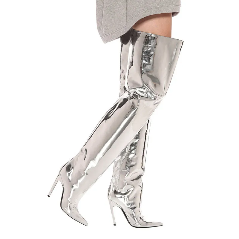 Sultry Silver Mirror Over-the-Knee Boots