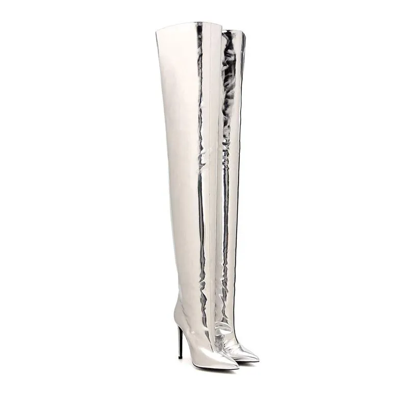Sultry Silver Mirror Over-the-Knee Boots
