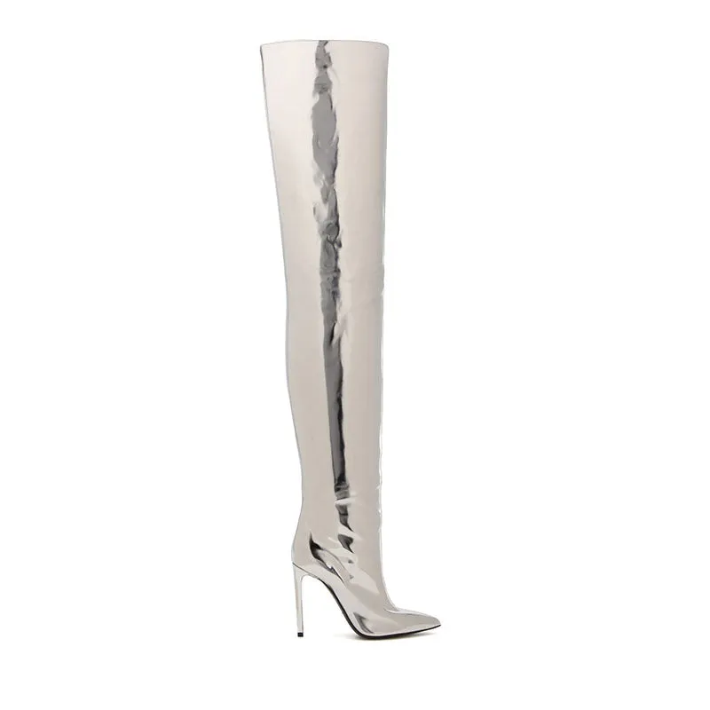 Sultry Silver Mirror Over-the-Knee Boots