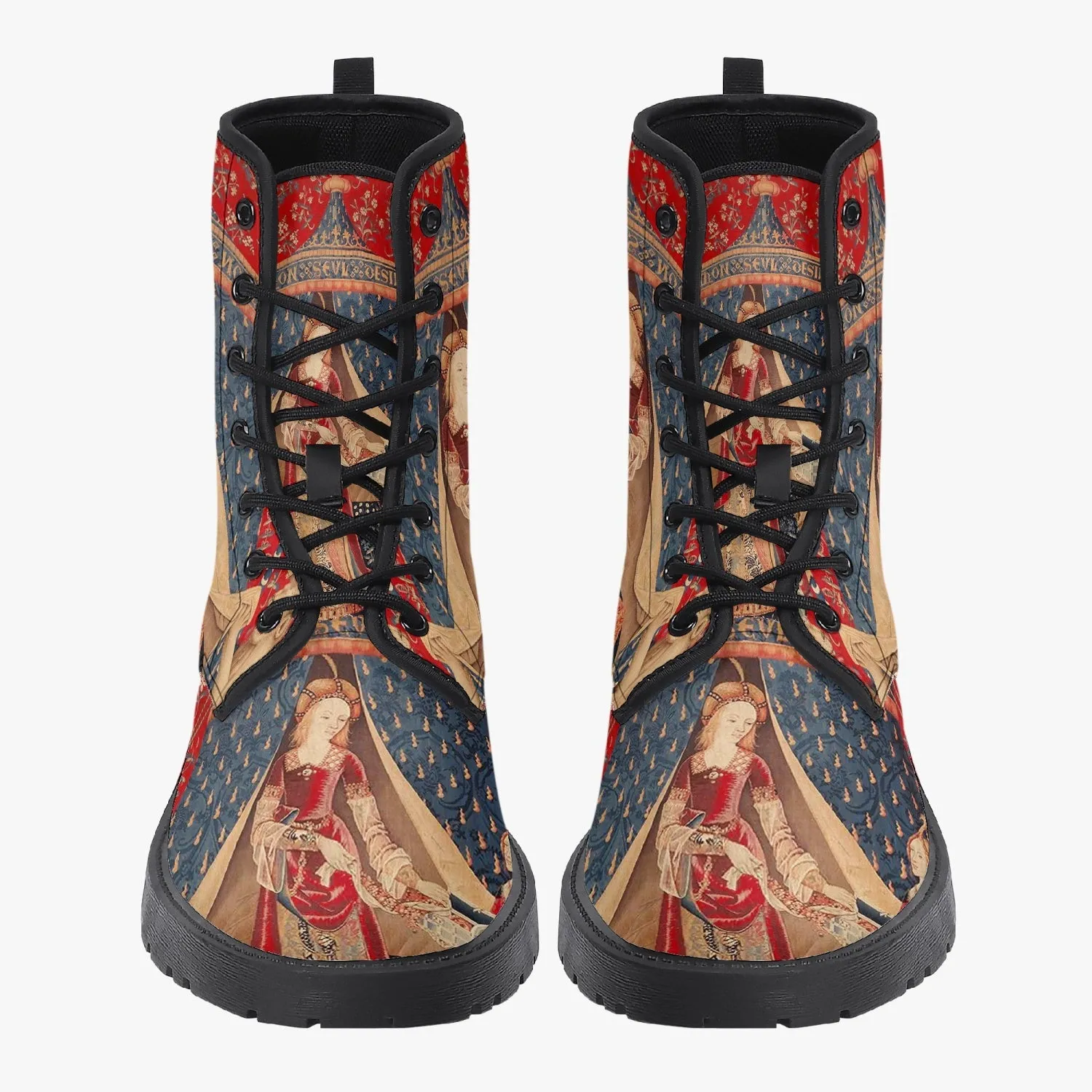 The Lady and the Unicorn Vegan leather Combat Boots - Mon Seul Desir Tapestry Boots for Art Lover (JPREG75)
