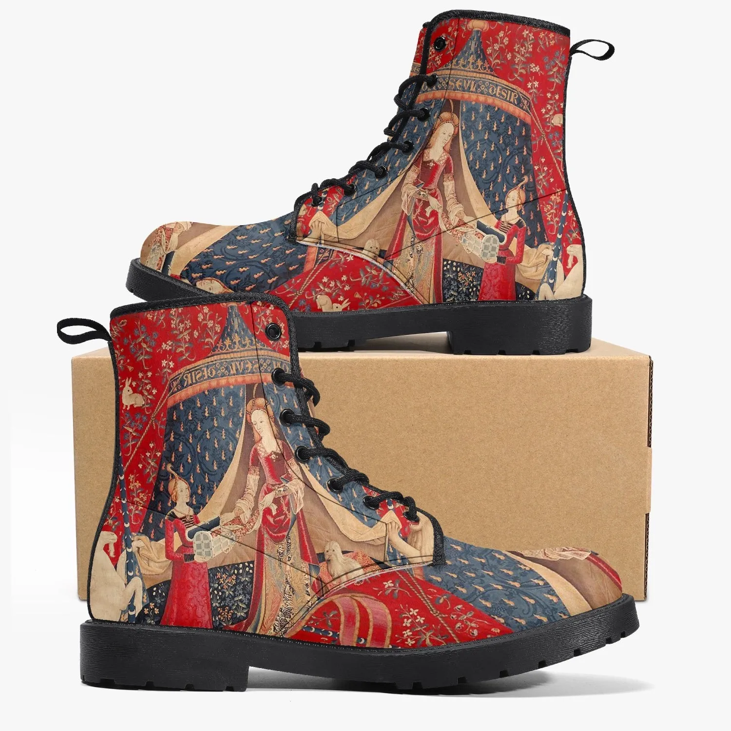 The Lady and the Unicorn Vegan leather Combat Boots - Mon Seul Desir Tapestry Boots for Art Lover (JPREG75)
