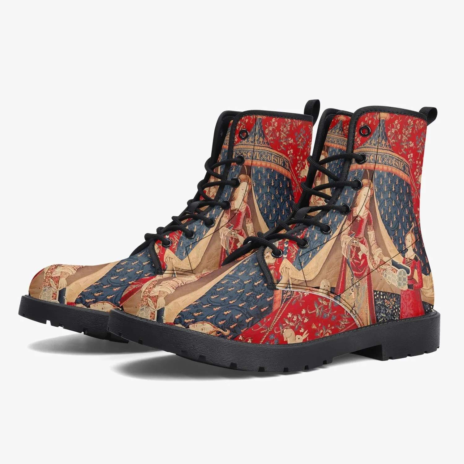 The Lady and the Unicorn Vegan leather Combat Boots - Mon Seul Desir Tapestry Boots for Art Lover (JPREG75)