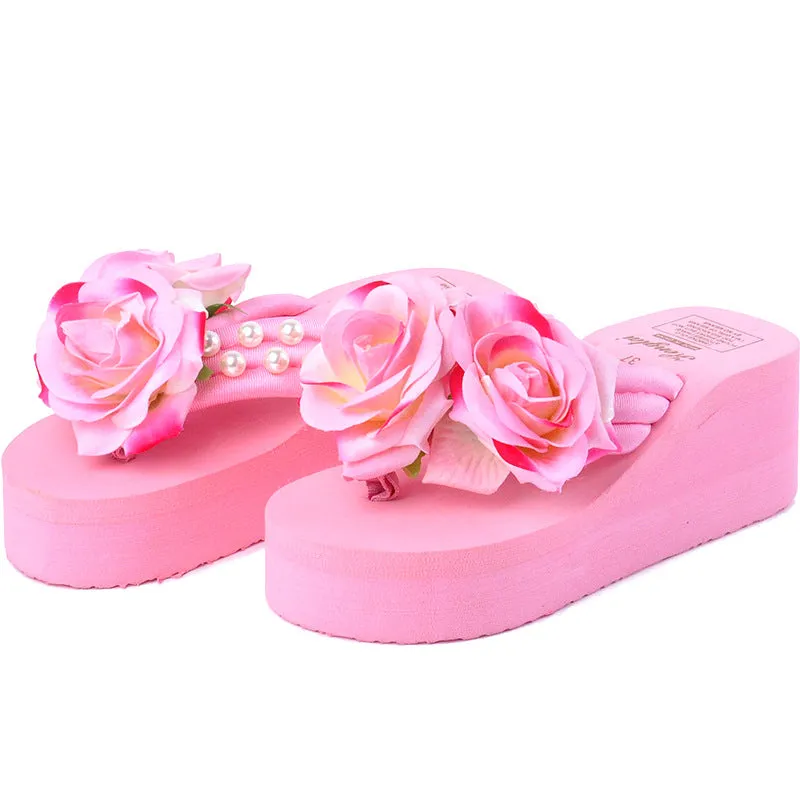 Wholesale beach vacation non-slip flip flops pearl flower fresh sandals fashion platform flip-flops