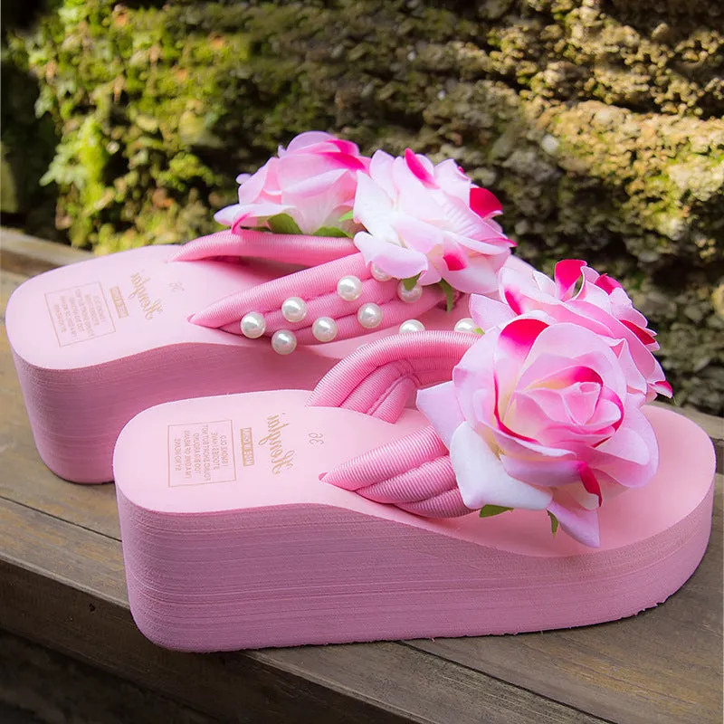 Wholesale beach vacation non-slip flip flops pearl flower fresh sandals fashion platform flip-flops