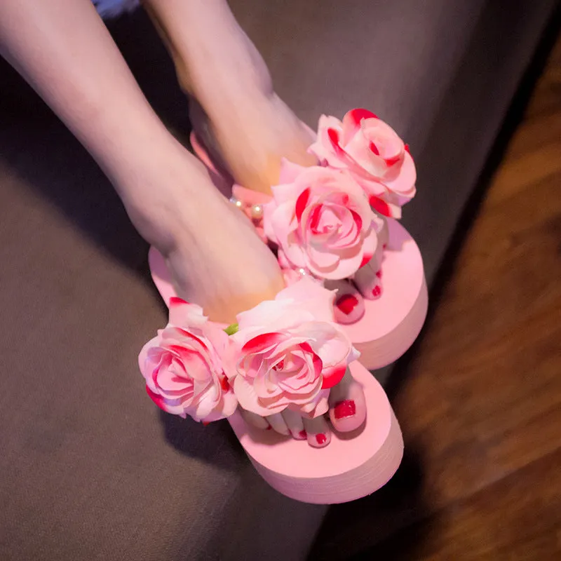 Wholesale beach vacation non-slip flip flops pearl flower fresh sandals fashion platform flip-flops