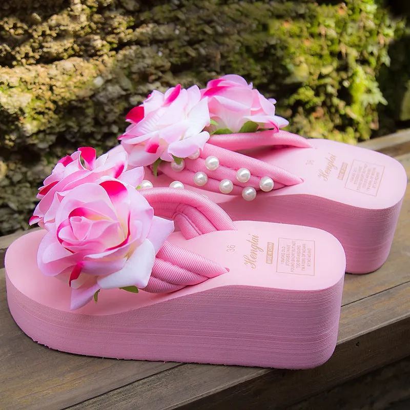Wholesale beach vacation non-slip flip flops pearl flower fresh sandals fashion platform flip-flops
